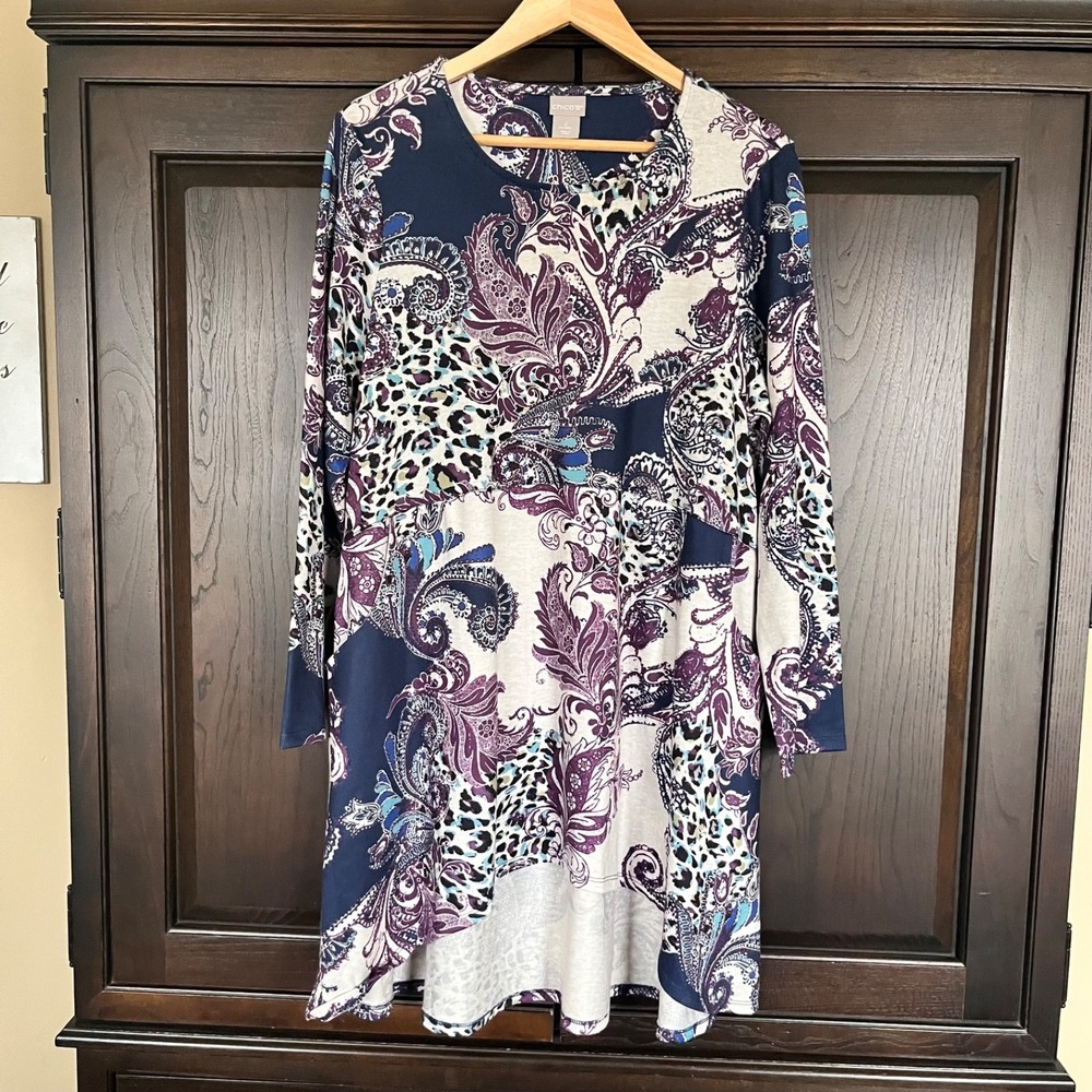 CHICO'S Long Knit Tunic Top Womens Sz 2 Large Colorful Paisley Pockets